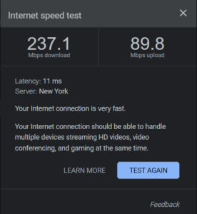 Post-upgrade internet download of 237.1 Mbps