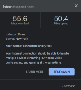 Pre-upgrade internet download of 55.6 Mbps